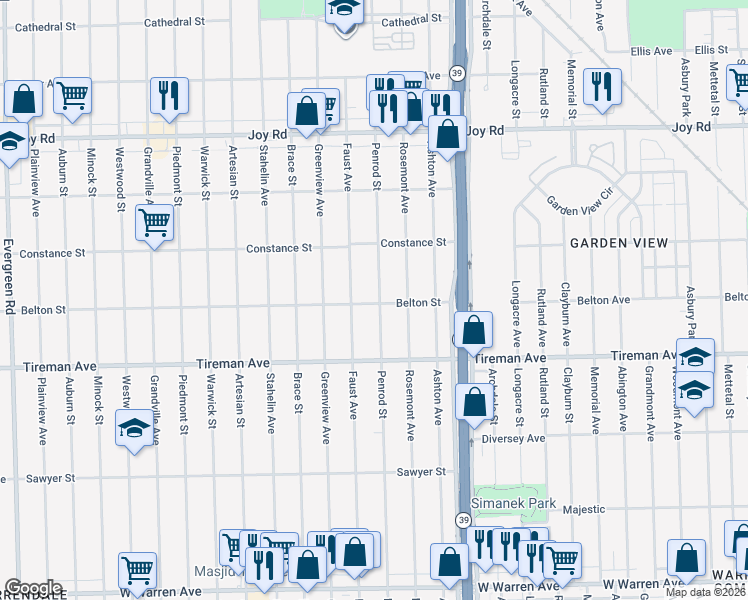 map of restaurants, bars, coffee shops, grocery stores, and more near 8203 Penrod Street in Detroit