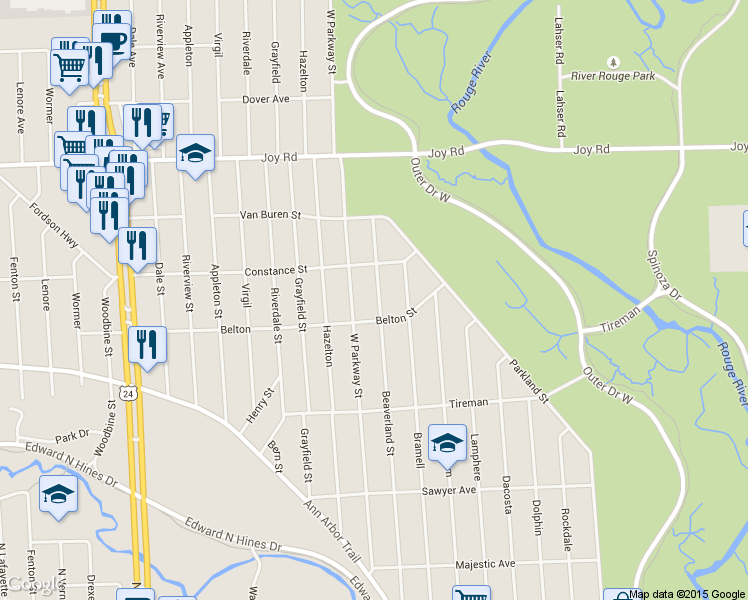 map of restaurants, bars, coffee shops, grocery stores, and more near 8245 Beaverland Street in Detroit