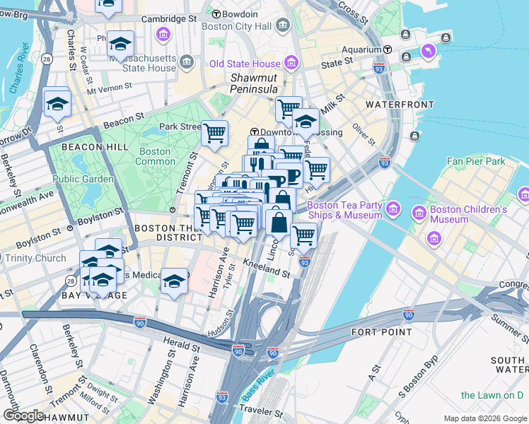 map of restaurants, bars, coffee shops, grocery stores, and more near 125 Kingston Street in Boston
