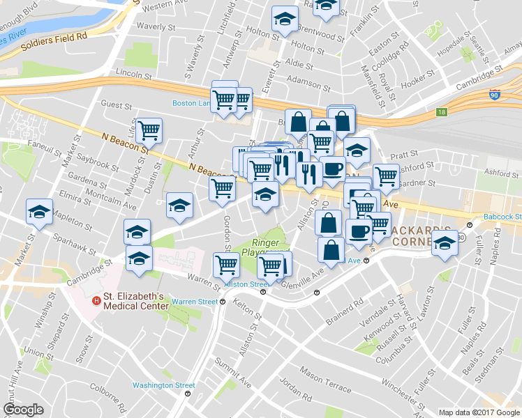 map of restaurants, bars, coffee shops, grocery stores, and more near 17 Barrows St in ALLSTON