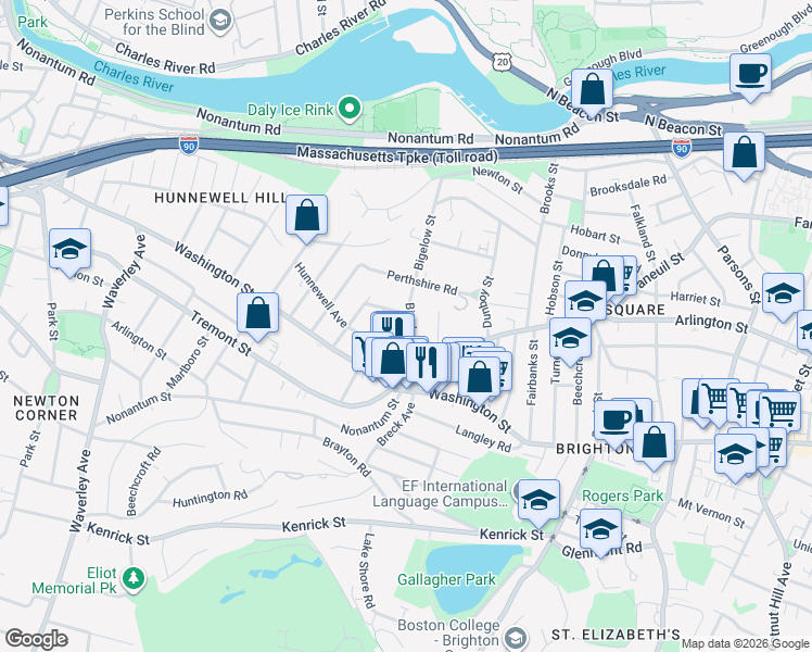 map of restaurants, bars, coffee shops, grocery stores, and more near 25 Bigelow Street in Boston