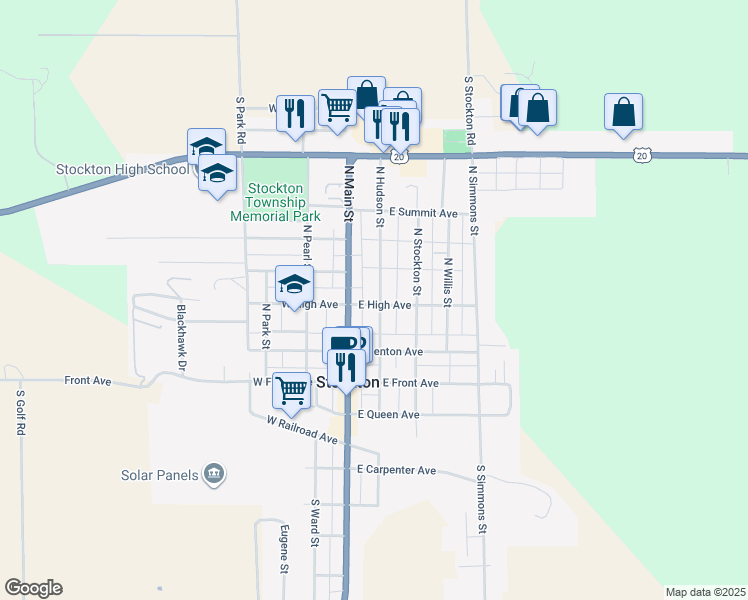 map of restaurants, bars, coffee shops, grocery stores, and more near 133 East High Avenue in Stockton