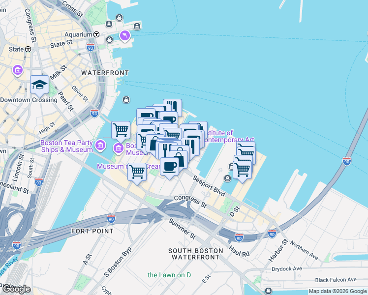 map of restaurants, bars, coffee shops, grocery stores, and more near 80 Northern Avenue in Boston