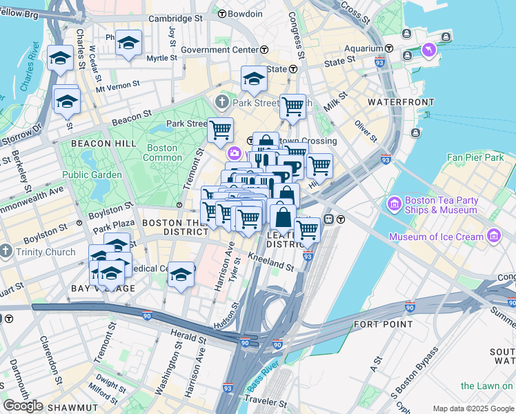 map of restaurants, bars, coffee shops, grocery stores, and more near 125 Kingston Street in Boston