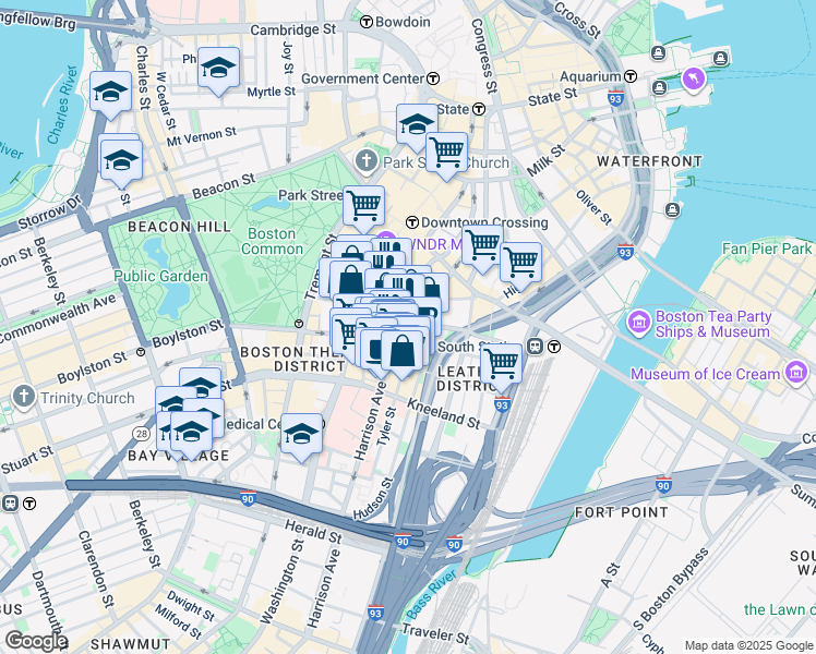 map of restaurants, bars, coffee shops, grocery stores, and more near 8 Harrison Avenue in Boston