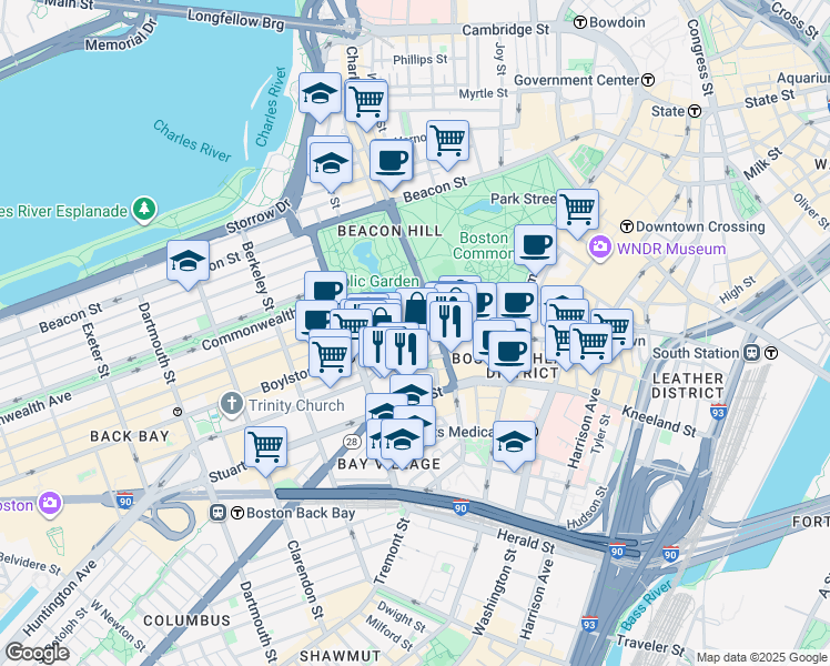 map of restaurants, bars, coffee shops, grocery stores, and more near 95 Boylston Street in Boston