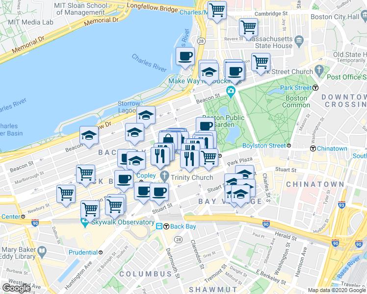 map of restaurants, bars, coffee shops, grocery stores, and more near in Boston