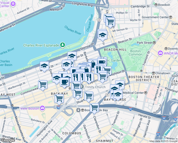 map of restaurants, bars, coffee shops, grocery stores, and more near in Boston