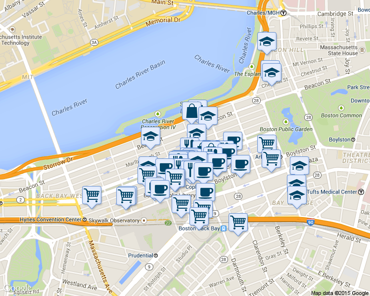 map of restaurants, bars, coffee shops, grocery stores, and more near 312 Dartmouth Street in Boston