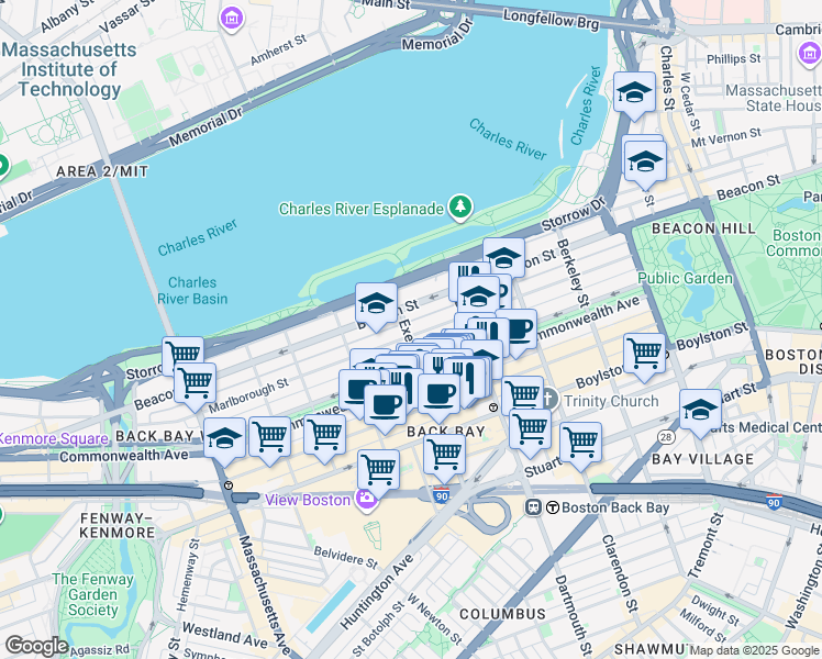 map of restaurants, bars, coffee shops, grocery stores, and more near 193 Marlborough Street in Boston