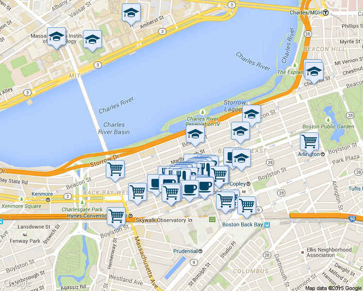 map of restaurants, bars, coffee shops, grocery stores, and more near 10 Fairfield Street in Boston