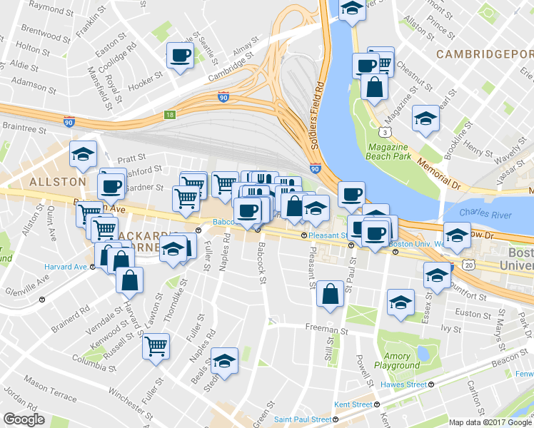 map of restaurants, bars, coffee shops, grocery stores, and more near in Boston