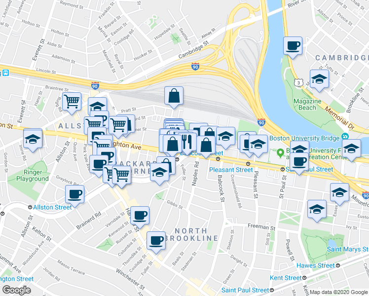 map of restaurants, bars, coffee shops, grocery stores, and more near 1083 Commonwealth Avenue in Boston