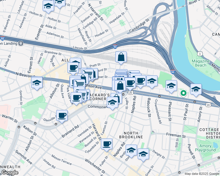 map of restaurants, bars, coffee shops, grocery stores, and more near 39 Brighton Avenue in Boston