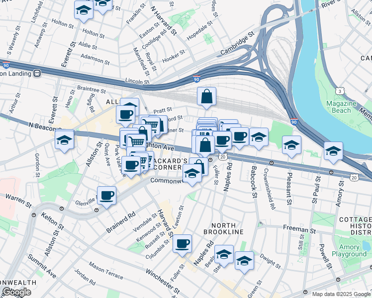 map of restaurants, bars, coffee shops, grocery stores, and more near 39 Brighton Avenue in Boston
