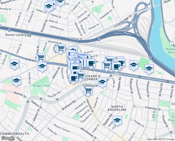 map of restaurants, bars, coffee shops, grocery stores, and more near 100 U.S. 20 in Boston