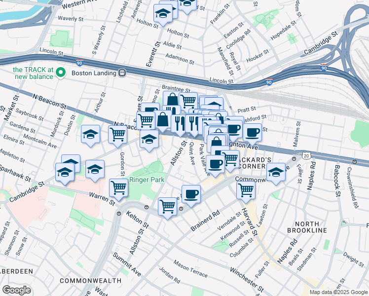 map of restaurants, bars, coffee shops, grocery stores, and more near 21 Quint Avenue in Boston