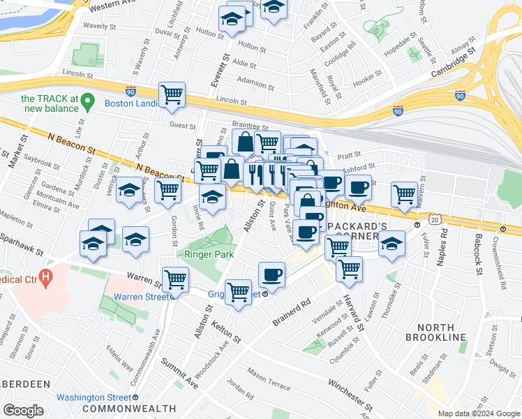 map of restaurants, bars, coffee shops, grocery stores, and more near 21 Quint Avenue in Boston