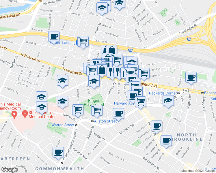 map of restaurants, bars, coffee shops, grocery stores, and more near 21-23 Higgins Street in Boston