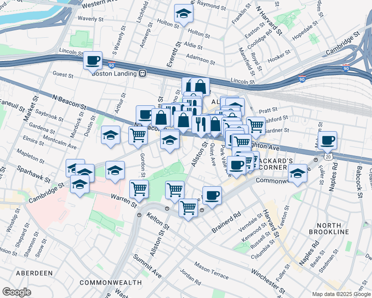 map of restaurants, bars, coffee shops, grocery stores, and more near 21-23 Higgins Street in Boston