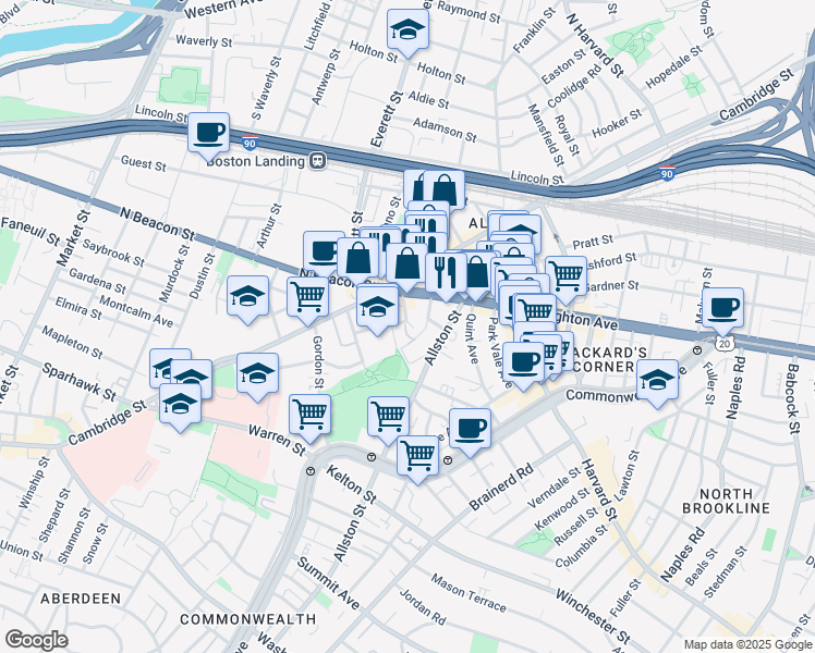 map of restaurants, bars, coffee shops, grocery stores, and more near 21-23 Higgins Street in Boston