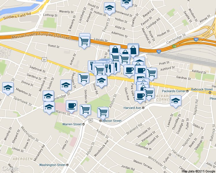 map of restaurants, bars, coffee shops, grocery stores, and more near 1 Islington Street in Boston