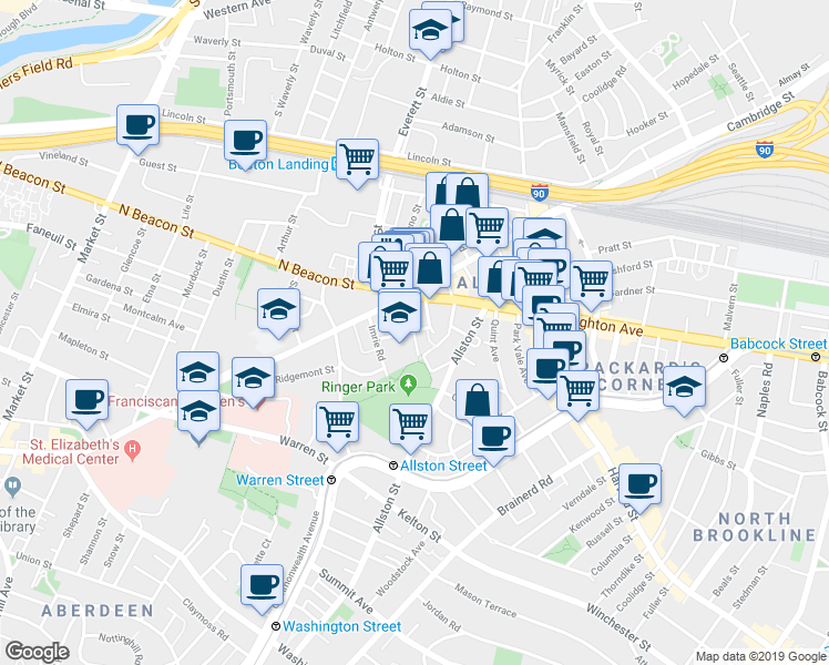map of restaurants, bars, coffee shops, grocery stores, and more near 1 Islington Street in Boston