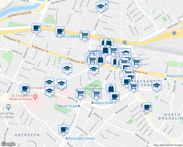 map of restaurants, bars, coffee shops, grocery stores, and more near 1 Islington Street in Boston