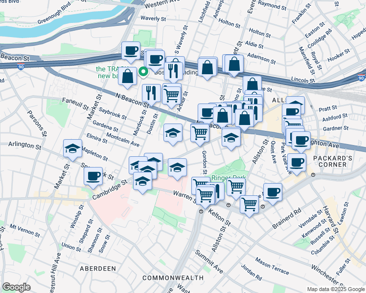 map of restaurants, bars, coffee shops, grocery stores, and more near 12 Saunders Street in Boston