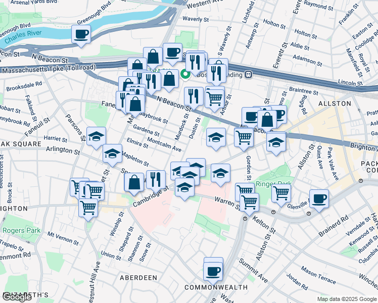 map of restaurants, bars, coffee shops, grocery stores, and more near 59 Dustin Street in Boston