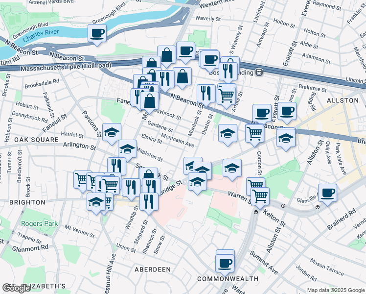 map of restaurants, bars, coffee shops, grocery stores, and more near 87 Murdock Street in Boston