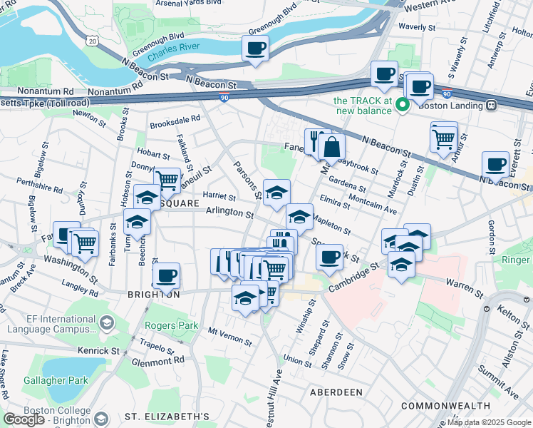 map of restaurants, bars, coffee shops, grocery stores, and more near 73 Parsons Street in Boston