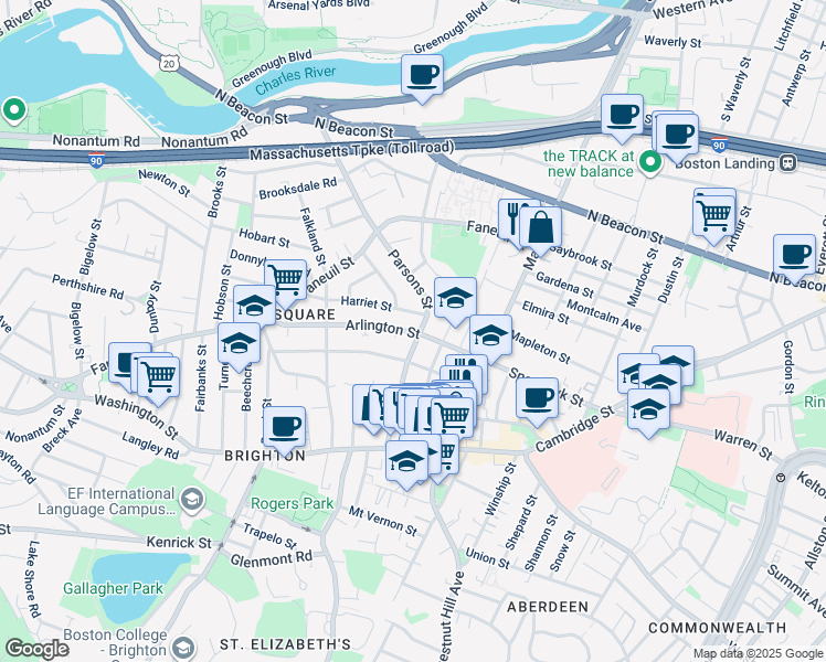 map of restaurants, bars, coffee shops, grocery stores, and more near 73 Parsons Street in Boston