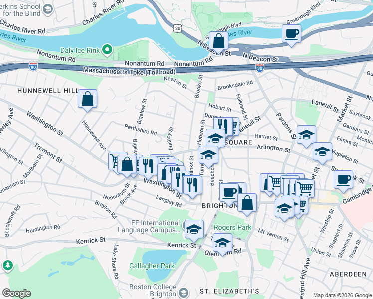 map of restaurants, bars, coffee shops, grocery stores, and more near in Boston