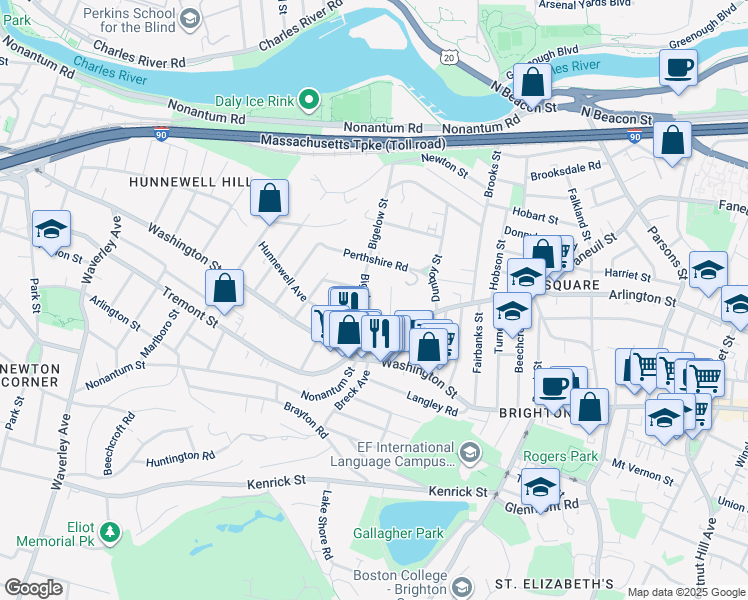 map of restaurants, bars, coffee shops, grocery stores, and more near 25 Bigelow Street in Boston