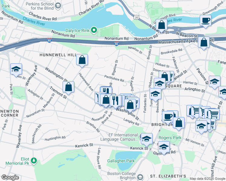 map of restaurants, bars, coffee shops, grocery stores, and more near 25 Bigelow Street in Boston