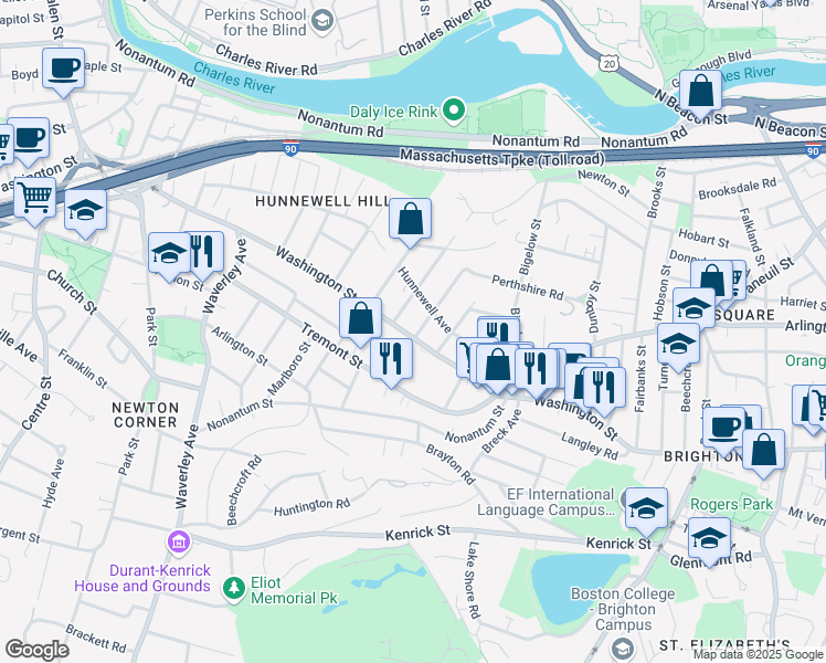 map of restaurants, bars, coffee shops, grocery stores, and more near 697 Washington Street in Boston