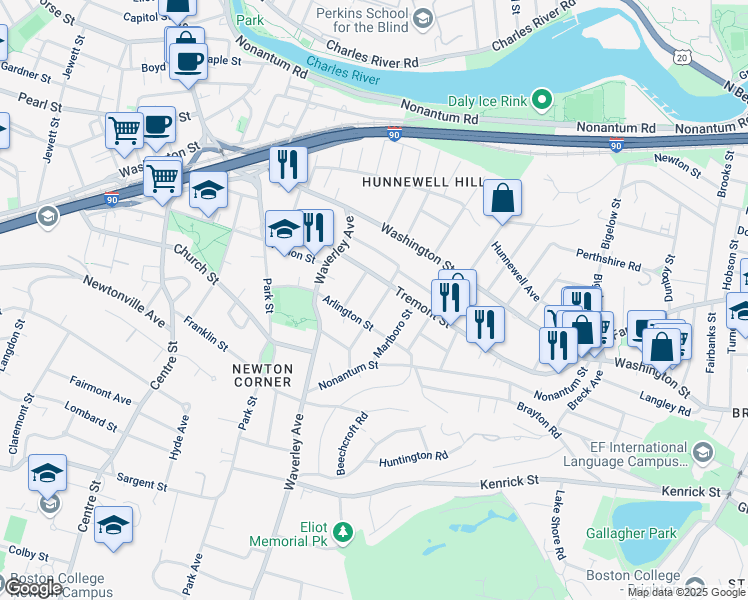 map of restaurants, bars, coffee shops, grocery stores, and more near 24 Belmont Street in Newton