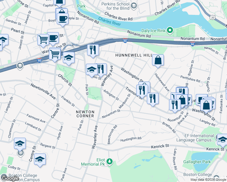 map of restaurants, bars, coffee shops, grocery stores, and more near 24 Belmont Street in Newton