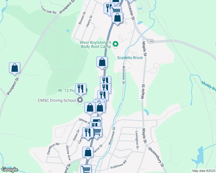 map of restaurants, bars, coffee shops, grocery stores, and more near 153 West Boylston Street in West Boylston