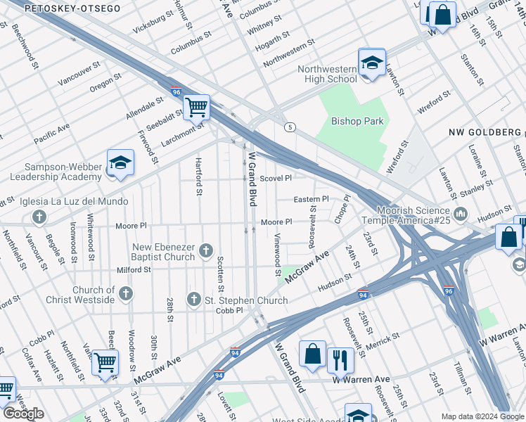 map of restaurants, bars, coffee shops, grocery stores, and more near 6525 Vinewood Street in Detroit