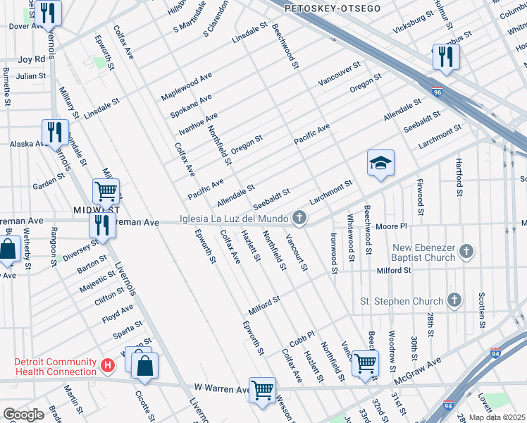 map of restaurants, bars, coffee shops, grocery stores, and more near 5401 Seebaldt Street in Detroit