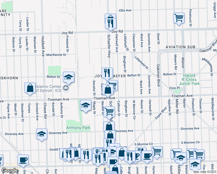 map of restaurants, bars, coffee shops, grocery stores, and more near 8070 Carlin Street in Detroit
