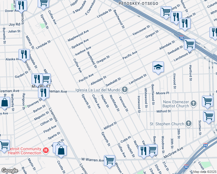 map of restaurants, bars, coffee shops, grocery stores, and more near 5401 Seebaldt Street in Detroit