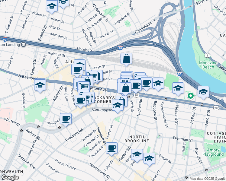 map of restaurants, bars, coffee shops, grocery stores, and more near 39 Brighton Avenue in Boston