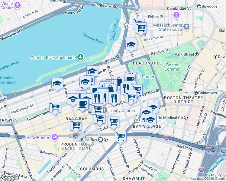 map of restaurants, bars, coffee shops, grocery stores, and more near in Boston