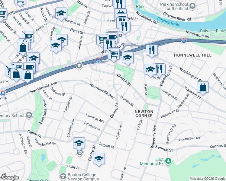 map of restaurants, bars, coffee shops, grocery stores, and more near 14 Mount Ida Street in Newton