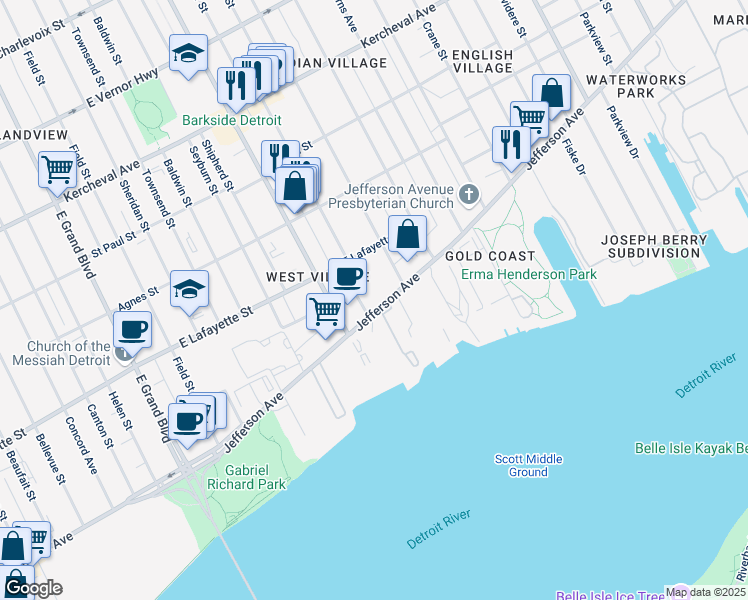 map of restaurants, bars, coffee shops, grocery stores, and more near 8115 East Jefferson Avenue in Detroit