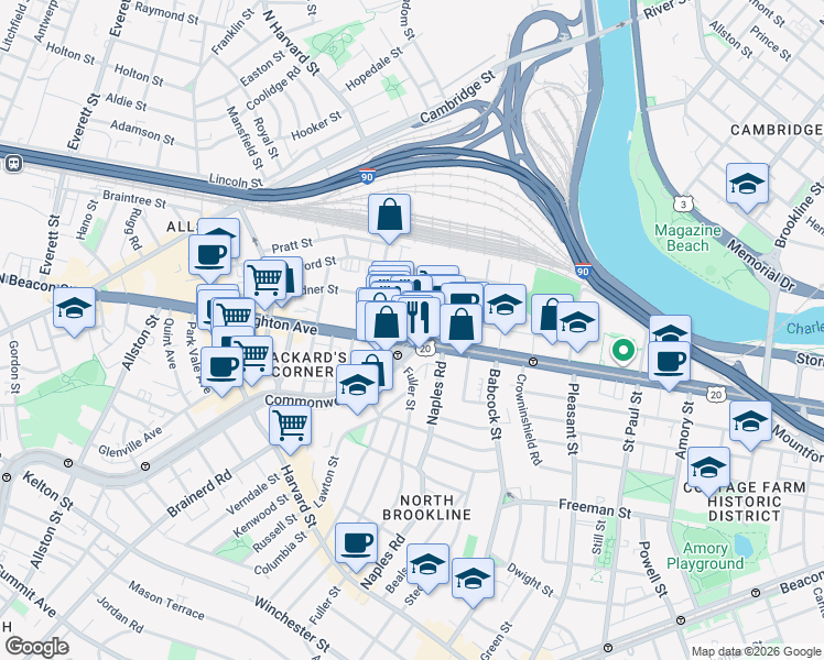 map of restaurants, bars, coffee shops, grocery stores, and more near 1083 Commonwealth Avenue in Boston