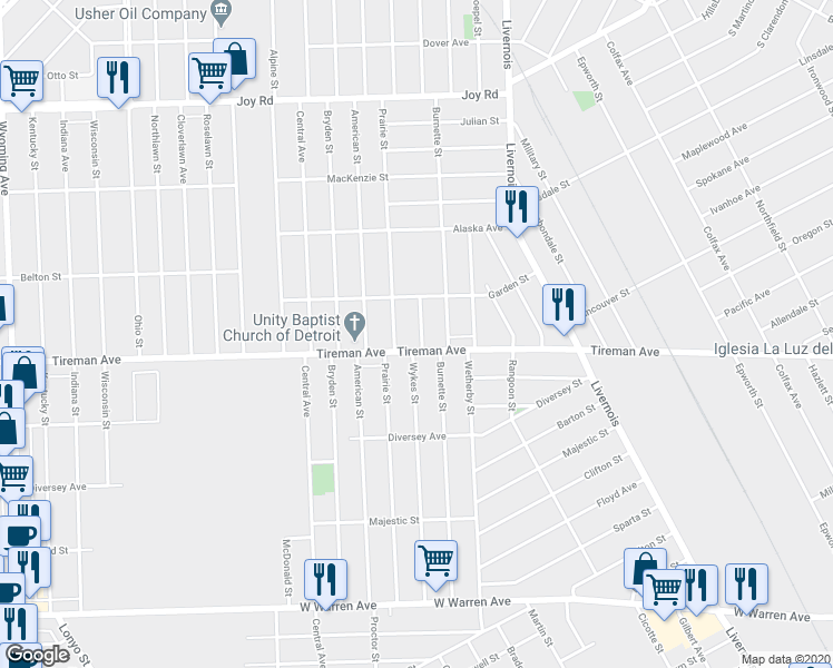 map of restaurants, bars, coffee shops, grocery stores, and more near 8025 Wykes Street in Detroit